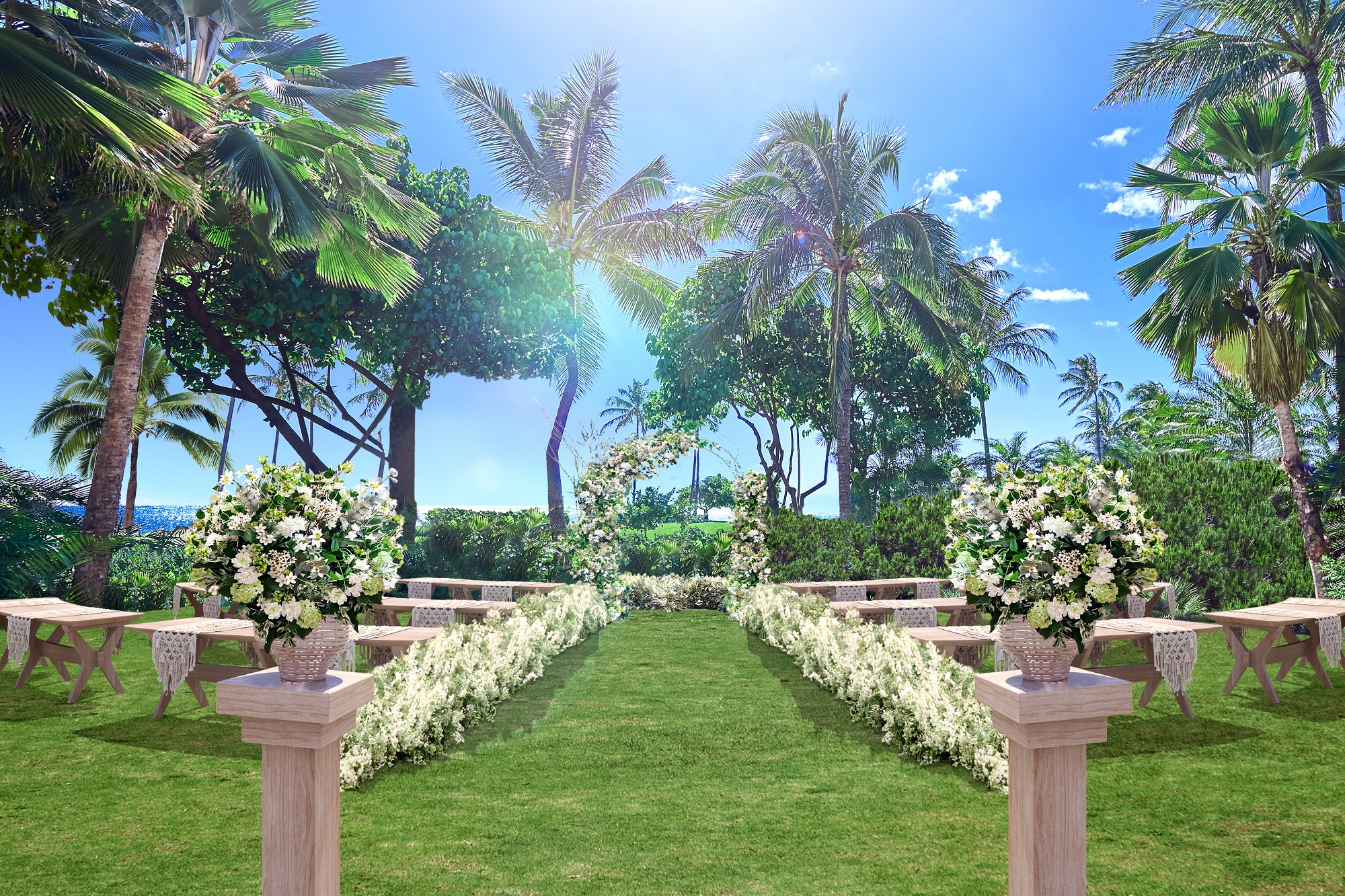 ハワイの人気挙式施設リニューアル記念キャンペーン！
「コオリナ アクア・マリーナ」ガーデンウェディングを
2020年6月～9月挙式限定で1組にプレゼント
～海をすぐ近くに感じながら、ハワイの大自然で誓うセレモニー～
