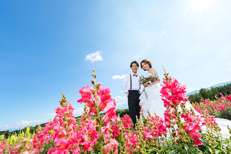 フラワーランドかみふらのでウェディングドレスを着た花嫁の前撮りイメージ