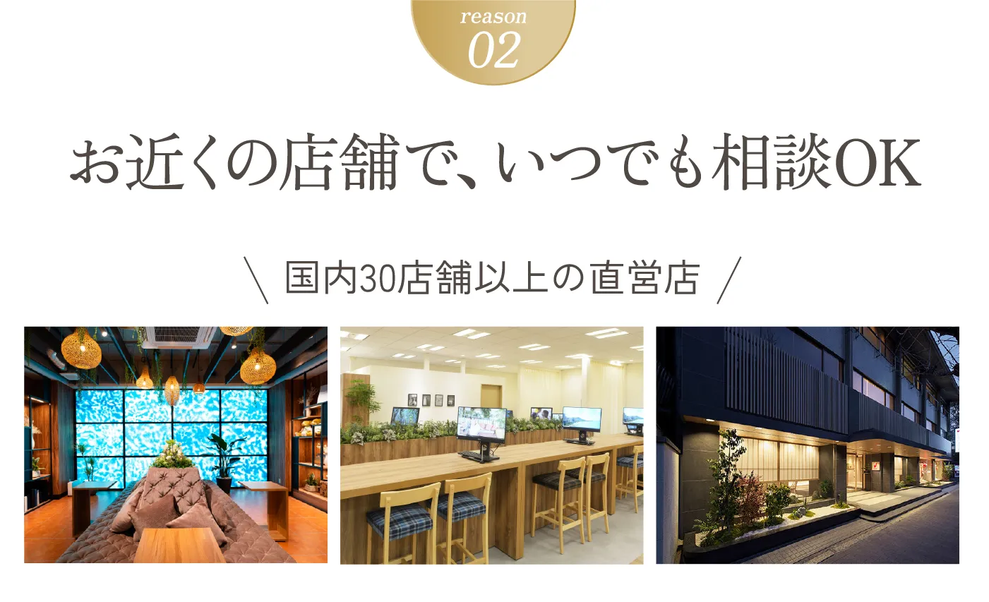 reason02 お近くの店舗で、いつでも相談OK 国内30店舗以上の直営店