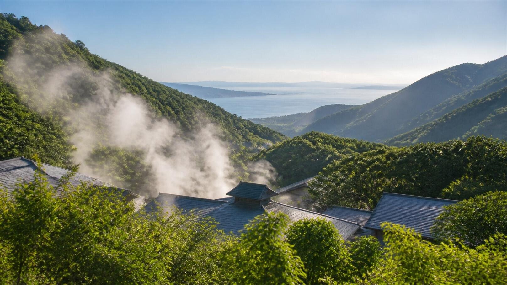 箱根の湯けむりと相模湾を望む風景のイメージ